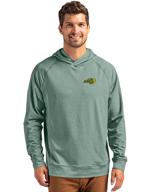 NDSU Bison Cutter & Buck Adapt Knit Recycled Mens Heathered Hooded Pullover Hunter Heather Front