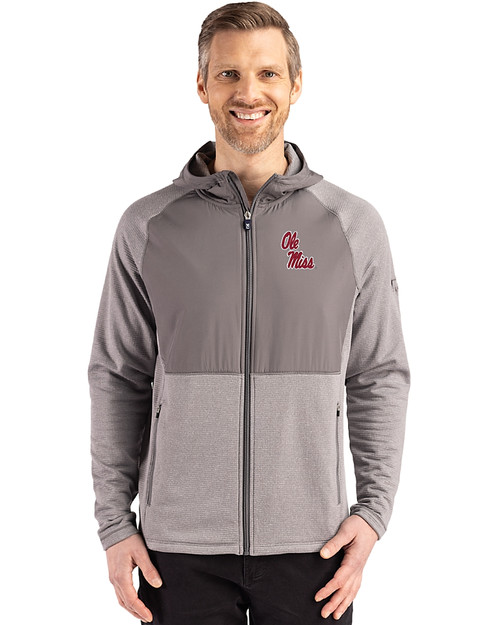 Ole Miss Rebels Cutter & Buck Peshastin Recycled Grid Fleece Mens Hybrid Hooded Full Zip Jacket Elemental Grey Heather Front