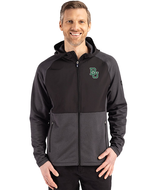 Baylor Bears Cutter & Buck Peshastin Recycled Grid Fleece Mens Hybrid Hooded Full Zip Jacket Black Heather Front