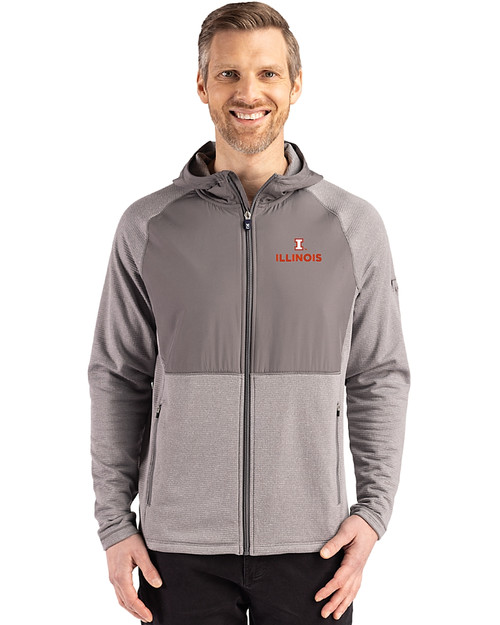 Illinois Fighting Illini Cutter & Buck Peshastin Recycled Grid Fleece Mens Hybrid Hooded Full Zip Jacket Elemental Grey Heather Front
