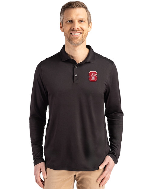 NC State Wolfpack Cutter & Buck Coastline Epic Comfort Recycled Mens Long Sleeve Polo Black Front
