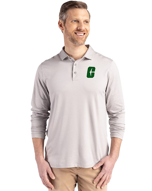 Charlotte 49ers Cutter & Buck Coastline Epic Comfort Recycled Mens Long Sleeve Polo CONCRETE Front