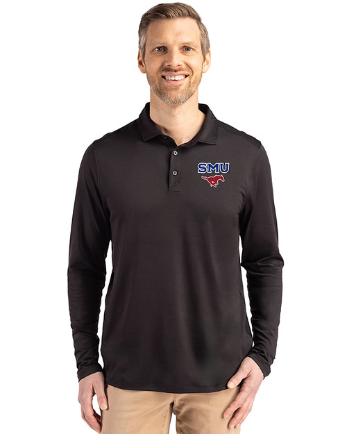 SMU Mustangs Cutter & Buck Coastline Epic Comfort Recycled Mens Long Sleeve Polo Black Front