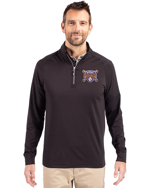 LSU Tigers 2025 NCAA Mens Baseball College World Series Champions Cutter & Buck Adapt Eco Knit Stretch Recycled Mens Big and Tall Quarter Zip Pullover Black Front