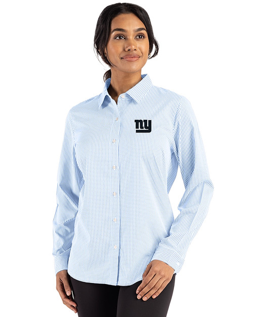 New York Giants Monochromatic Cutter & Buck Skyline Recycled Gingham Womens Long Sleeve Spread Collar Dress Shirt Atlas/White Front