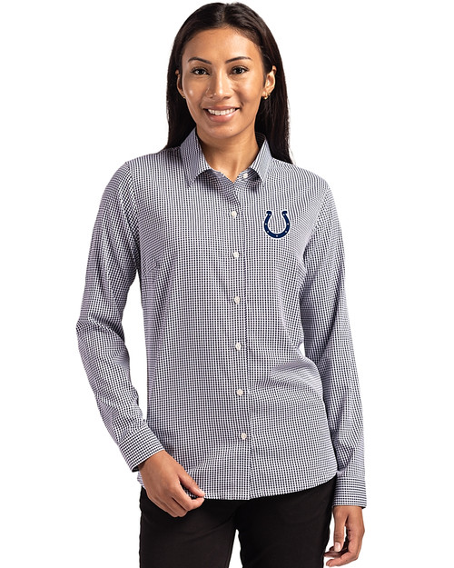 Indianapolis Colts Cutter & Buck Skyline Recycled Gingham Womens Long Sleeve Spread Collar Dress Shirt Black/White Front