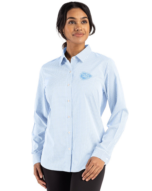 Kansas City Chiefs Monochromatic Cutter & Buck Skyline Recycled Gingham Womens Long Sleeve Spread Collar Dress Shirt Atlas/White Front