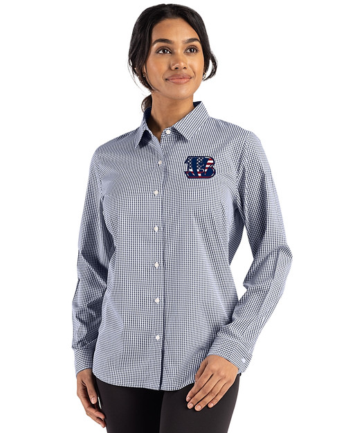 Cincinnati Bengals Americana Cutter & Buck Skyline Epic Confidence Recycled Gingham Womens Long Sleeve Dress Shirt  Navy Blue/White Front