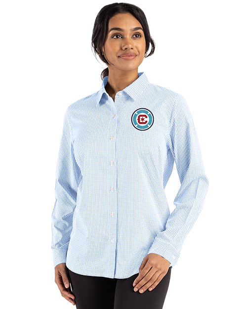 Chicago Fire FC Cutter & Buck Skyline Epic Confidence Recycled Gingham Womens Long Sleeve Dress Shirt  Atlas/White Front