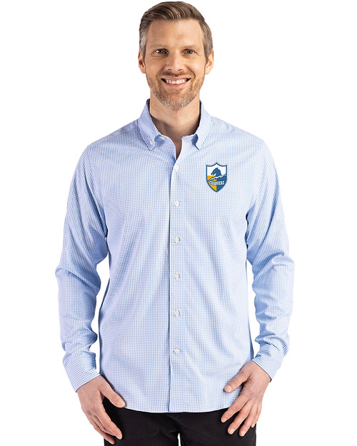 Los Angeles Chargers Historic Cutter & Buck Skyline Epic Confidence Recycled Gingham Mens Long Sleeve Dress Shirt Atlas/White Front