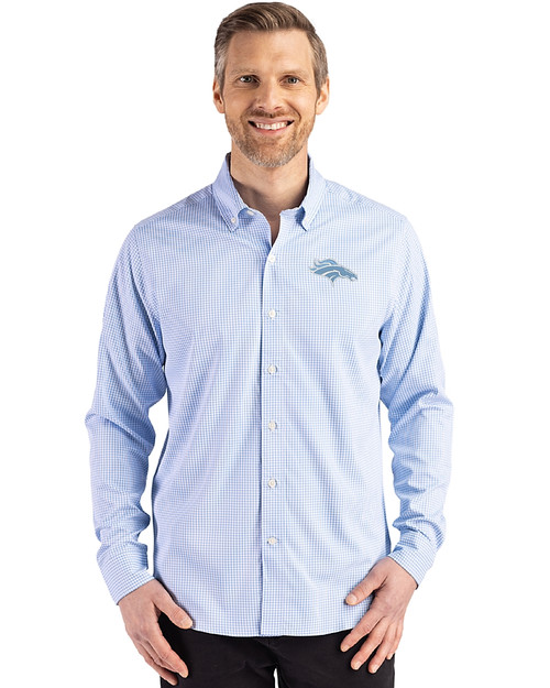 Denver Broncos Monochromatic Cutter & Buck Skyline Recycled Gingham Mens Long Sleeve Button Down Dress Shirt Atlas/White Front