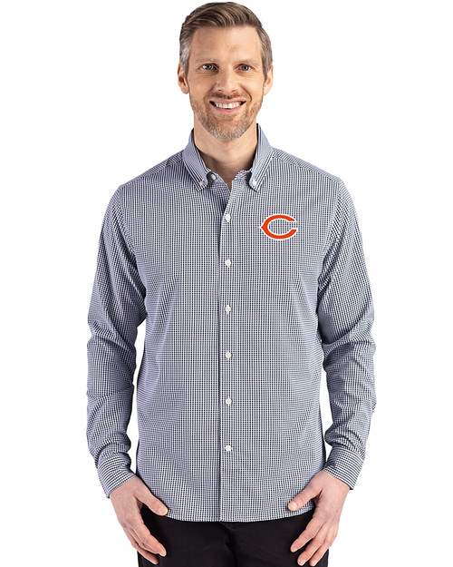 Chicago Bears Cutter & Buck Skyline Recycled Gingham Mens Long Sleeve Button Down Dress Shirt Navy Blue/White Front