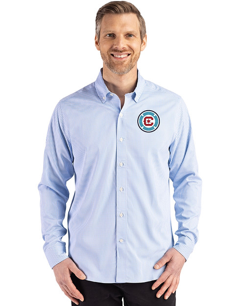 Chicago Fire FC Cutter & Buck Skyline Epic Confidence Recycled Gingham Mens Long Sleeve Dress Shirt Atlas/White Front