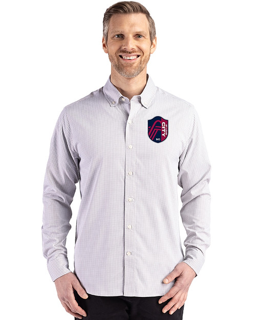 St. Louis City SC Cutter & Buck Skyline Epic Confidence Recycled Gingham Mens Long Sleeve Dress Shirt Concrete/White Front