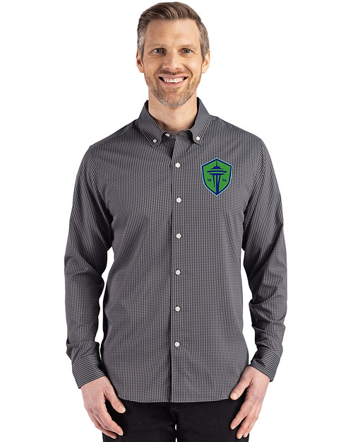 Seattle Sounders FC Cutter & Buck Skyline Epic Confidence Recycled Gingham Mens Long Sleeve Dress Shirt Black/Elemental Grey Front