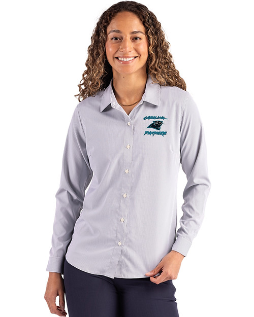 Carolina Panthers Historic Cutter & Buck Skyline Epic Confidence Recycled Pinstripe Womens Long Sleeve Dress Shirt  Elemental Grey/White Front