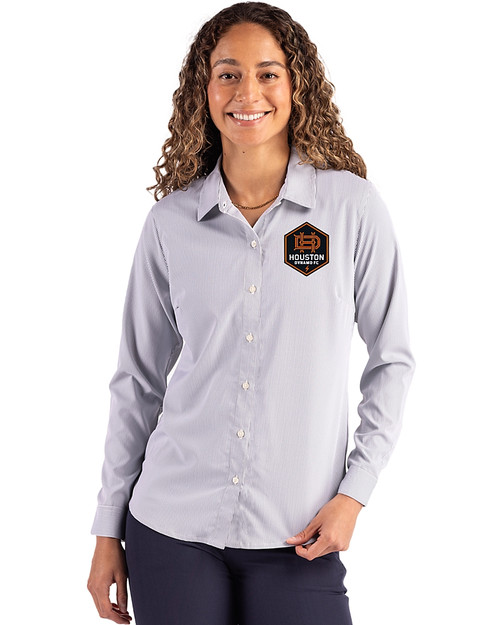 Houston Dynamo FC Cutter & Buck Skyline Epic Confidence Recycled Pinstripe Womens Long Sleeve Dress Shirt  Elemental Grey/White Front