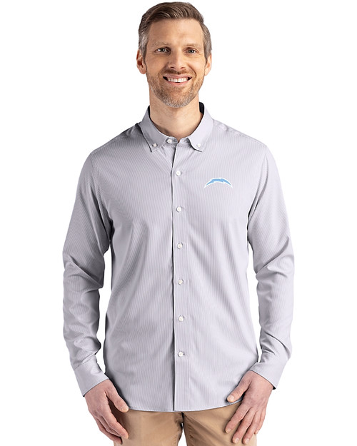 Los Angeles Chargers Monochromatic Cutter & Buck Skyline Recycled Pinstripe Mens Long Sleeve Button Down Dress Shirt Elemental Grey/White Front