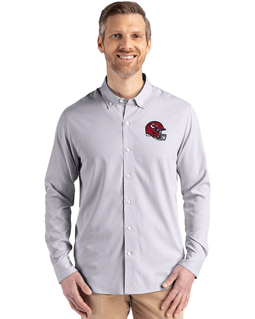 Kansas City Chiefs NFL Helmet Cutter & Buck Skyline Epic Confidence Recycled Pinstripe Mens Long Sleeve Dress Shirt Elemental Grey/White Front