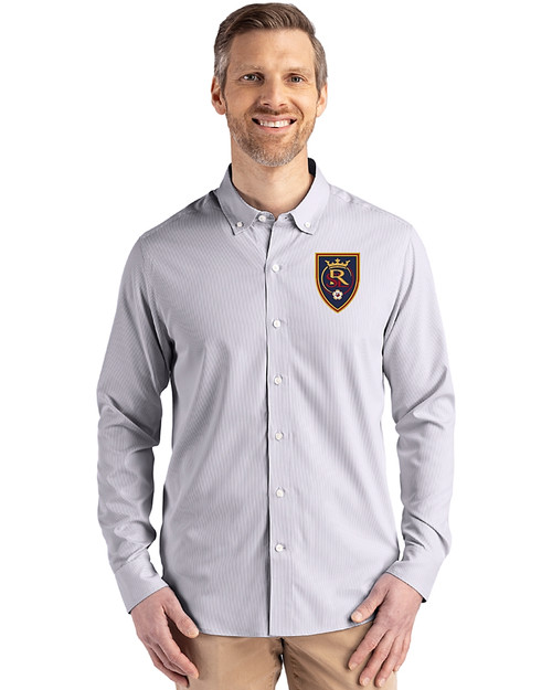 Real Salt Lake Cutter & Buck Skyline Epic Confidence Recycled Pinstripe Mens Long Sleeve Dress Shirt Elemental Grey/White Front