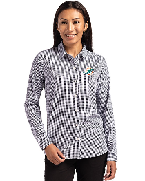 Miami Dolphins Cutter & Buck Skyline Recycled Gingham Womens Long Sleeve Spread Collar Dress Shirt Black/White Front