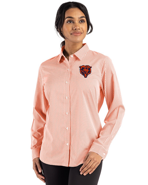 Chicago Bears Historic Cutter & Buck Skyline Epic Confidence Recycled Gingham Womens Long Sleeve Dress Shirt  College Orange/White Front