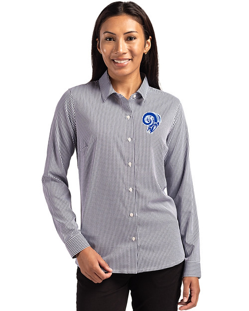 Los Angeles Rams Historic Cutter & Buck Skyline Recycled Gingham Womens Long Sleeve Spread Collar Dress Shirt Black/White Front