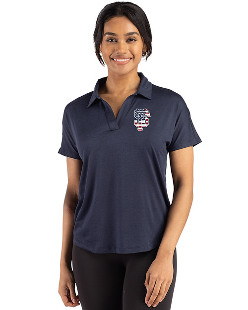 San Francisco Giants Stars & Stripes Cutter & Buck Coastline Epic Comfort Recycled Womens Dolman Polo Navy Blue Front