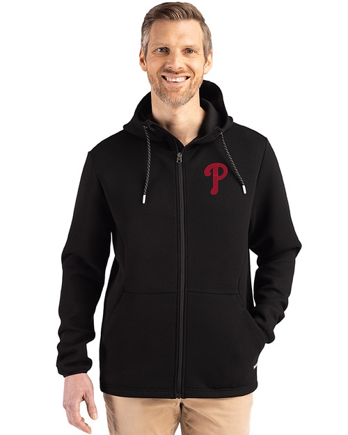 Philadelphia Phillies Cutter & Buck Roam Epic Versatility Recycled Mens Full Zip Hooded Jacket Black Front