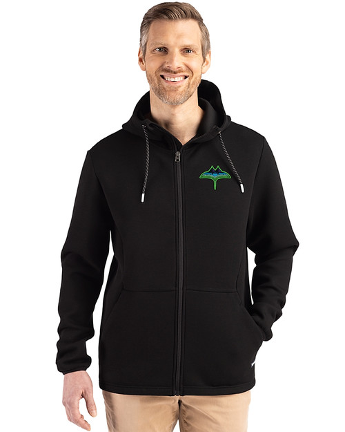 Tampa Bay Rays City Connect Cutter & Buck Roam Recycled Buttery-Soft Knit Mens Full Zip Hooded Jacket Black Front