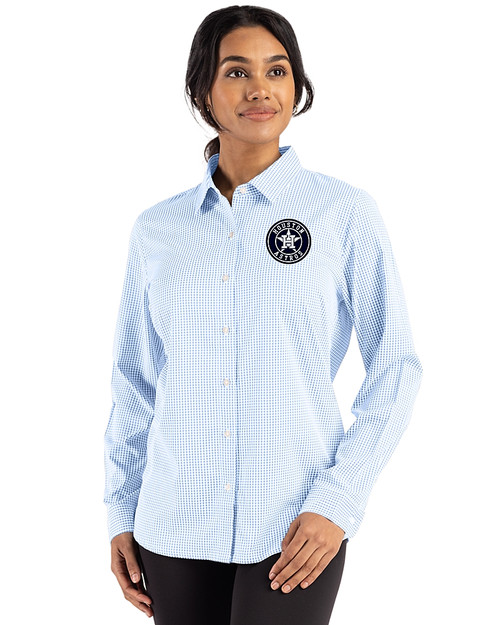 Houston Astros Monochromatic Cutter & Buck Skyline Recycled Gingham Womens Long Sleeve Spread Collar Dress Shirt Atlas/White Front