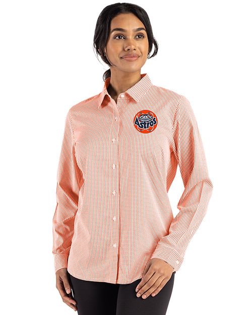 HoustonAstrosCooperstown- Cutter & Buck Skyline Epic Confidence Recycled Gingham Womens Long Sleeve Dress Shirt  College Orange/White Front