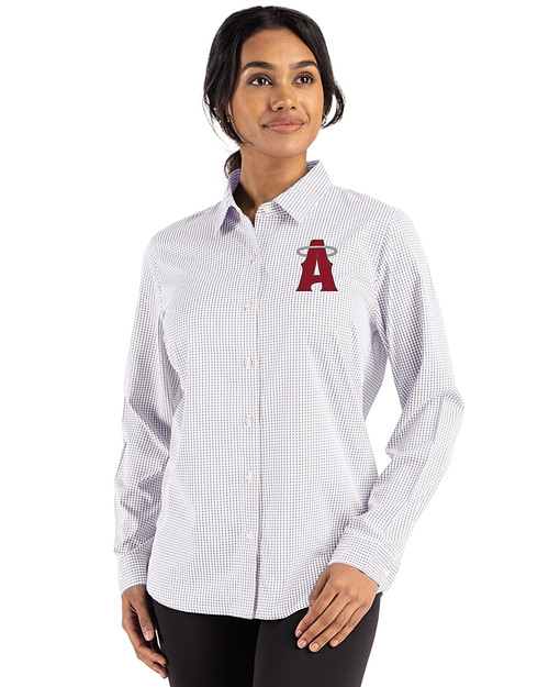 Los Angeles Angels City Connect Cutter & Buck Skyline Epic Confidence Recycled Gingham Womens Long Sleeve Dress Shirt  Concrete/White Front