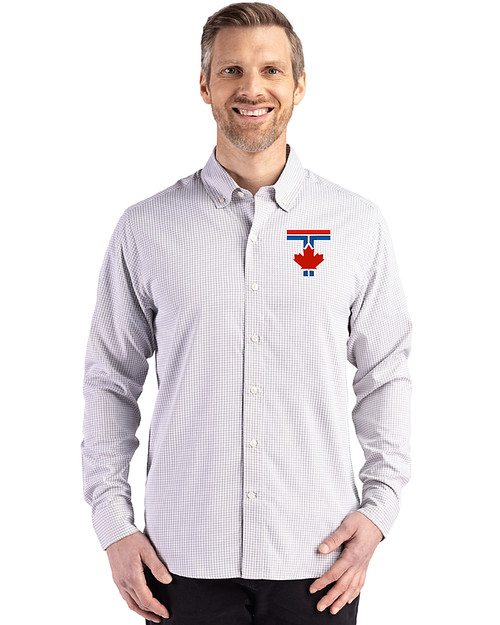 Toronto Blue Jays City Connect Cutter & Buck Skyline Epic Confidence Recycled Gingham Mens Long Sleeve Dress Shirt Concrete/White Front