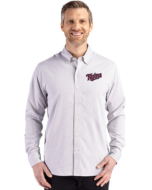 Minnesota Twins Cooperstown Cutter & Buck Skyline Epic Confidence Recycled Gingham Mens Long Sleeve Dress Shirt Concrete/White Front