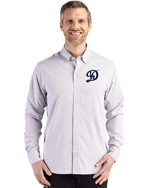 Los Angeles Dodgers City Connect- Cutter & Buck Skyline Epic Confidence Recycled Gingham Mens Long Sleeve Dress Shirt Concrete/White Front