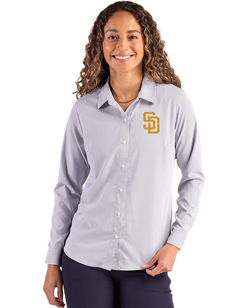 San Diego Padres Cutter & Buck Skyline Epic Confidence Recycled Pinstripe Womens Long Sleeve Dress Shirt  Elemental Grey/White Front