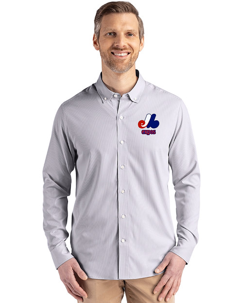 Montreal Expos Cooperstown Cutter & Buck Skyline Epic Confidence Recycled Pinstripe Mens Long Sleeve Dress Shirt Elemental Grey/White Front
