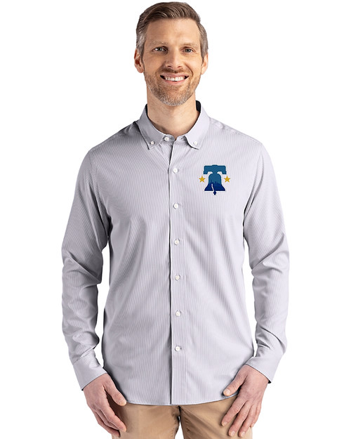 Philadelphia Phillies City Connect Cutter & Buck Skyline Epic Confidence Recycled Pinstripe Mens Long Sleeve Dress Shirt Elemental Grey/White Front