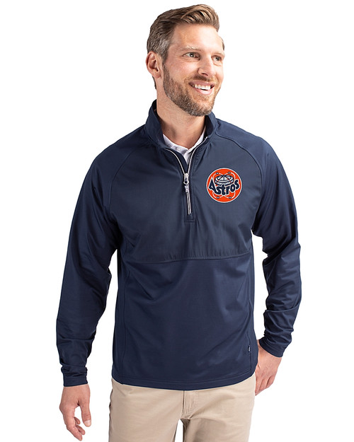 HoustonAstrosCooperstown- Cutter & Buck Adapt Eco Knit Hybrid Recycled Mens Quarter Zip Navy Blue Front