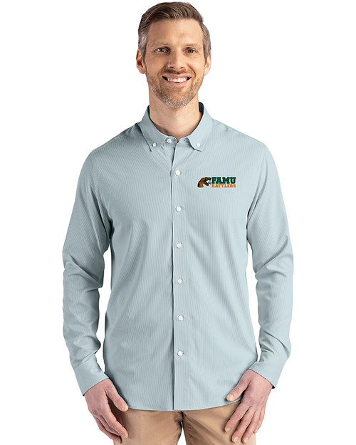 Florida A&M Rattlers Cutter & Buck Skyline Epic Confidence Recycled Pinstripe Mens Long Sleeve Dress Shirt Hunter/White Front