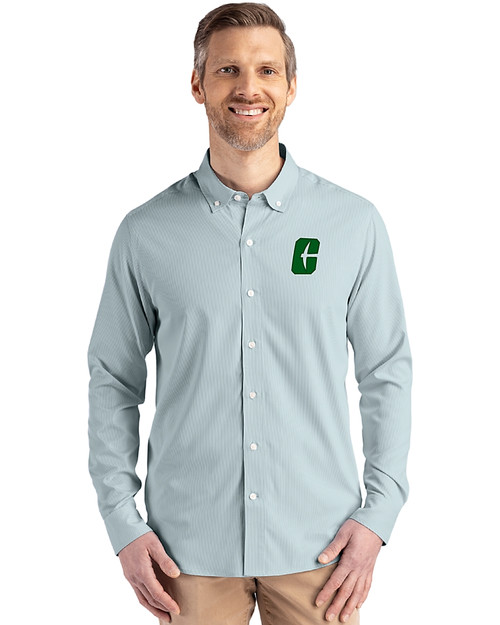 Charlotte 49ers Cutter & Buck Skyline Epic Confidence Recycled Pinstripe Mens Long Sleeve Dress Shirt Hunter/White Front