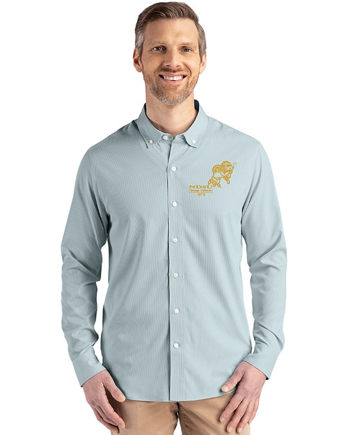 NDSU Bison Vintage Cutter & Buck Skyline Epic Confidence Recycled Pinstripe Mens Long Sleeve Dress Shirt Hunter/White Front