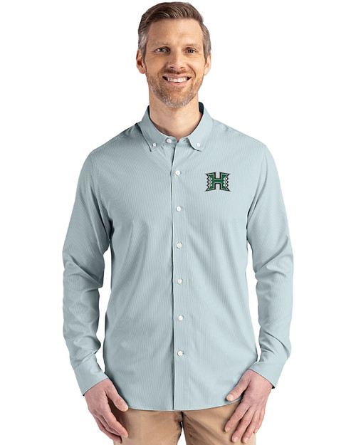 Hawaii Warriors Cutter & Buck Skyline Epic Confidence Recycled Pinstripe Mens Long Sleeve Dress Shirt Hunter/White Front