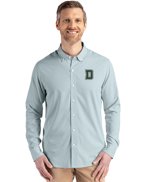 Dartmouth Big Green Cutter & Buck Skyline Epic Confidence Recycled Pinstripe Mens Long Sleeve Dress Shirt Hunter/White Front