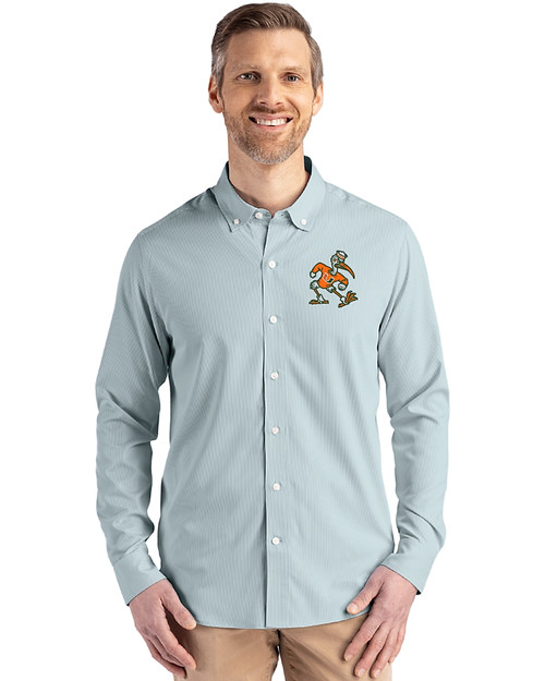 Miami Hurricanes Vintage Cutter & Buck Skyline Recycled Pinstripe Mens Long Sleeve Button Down Dress Shirt Hunter/White Front