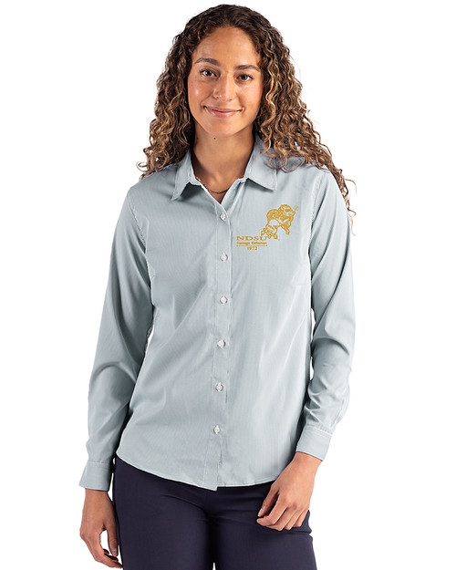 NDSU Bison Vintage Cutter & Buck Skyline Epic Confidence Recycled Pinstripe Womens Long Sleeve Dress Shirt  Hunter/White Front