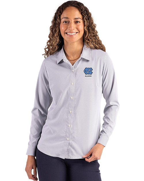 North Carolina Tar Heels Alumni Cutter & Buck Skyline Epic Confidence Recycled Pinstripe Womens Long Sleeve Dress Shirt  Elemental Grey/White Front