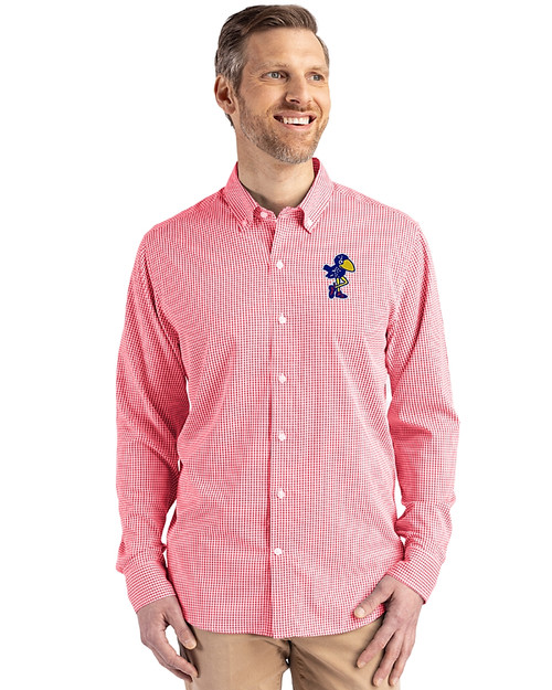 Kansas Jayhawks College Vault Cutter & Buck Skyline Epic Confidence Recycled Gingham Mens Long Sleeve Dress Shirt Red/White Front