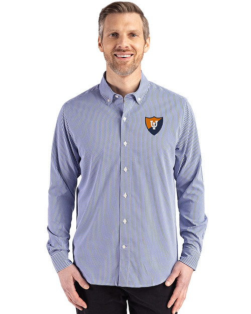 Illinois Fighting Illini College Vault Cutter & Buck Skyline Epic Confidence Recycled Gingham Mens Long Sleeve Dress Shirt Tour Blue/White Front